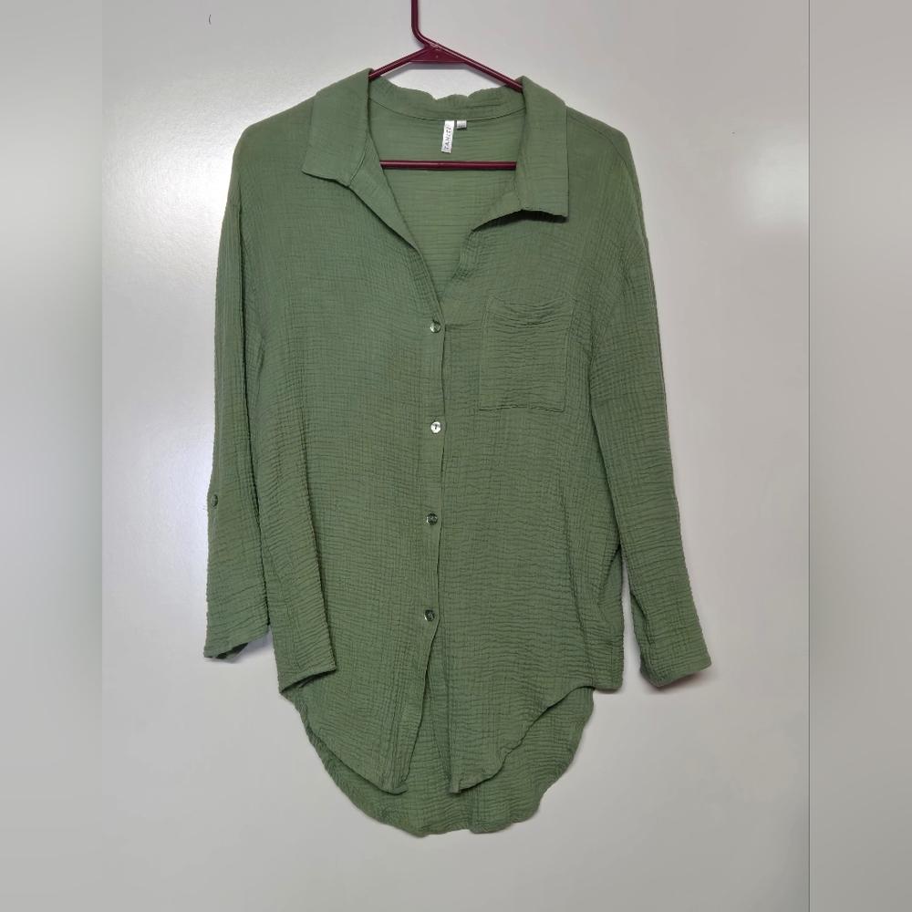 Tahiti Long Sleeve Cotton Button-Down Sz S Green